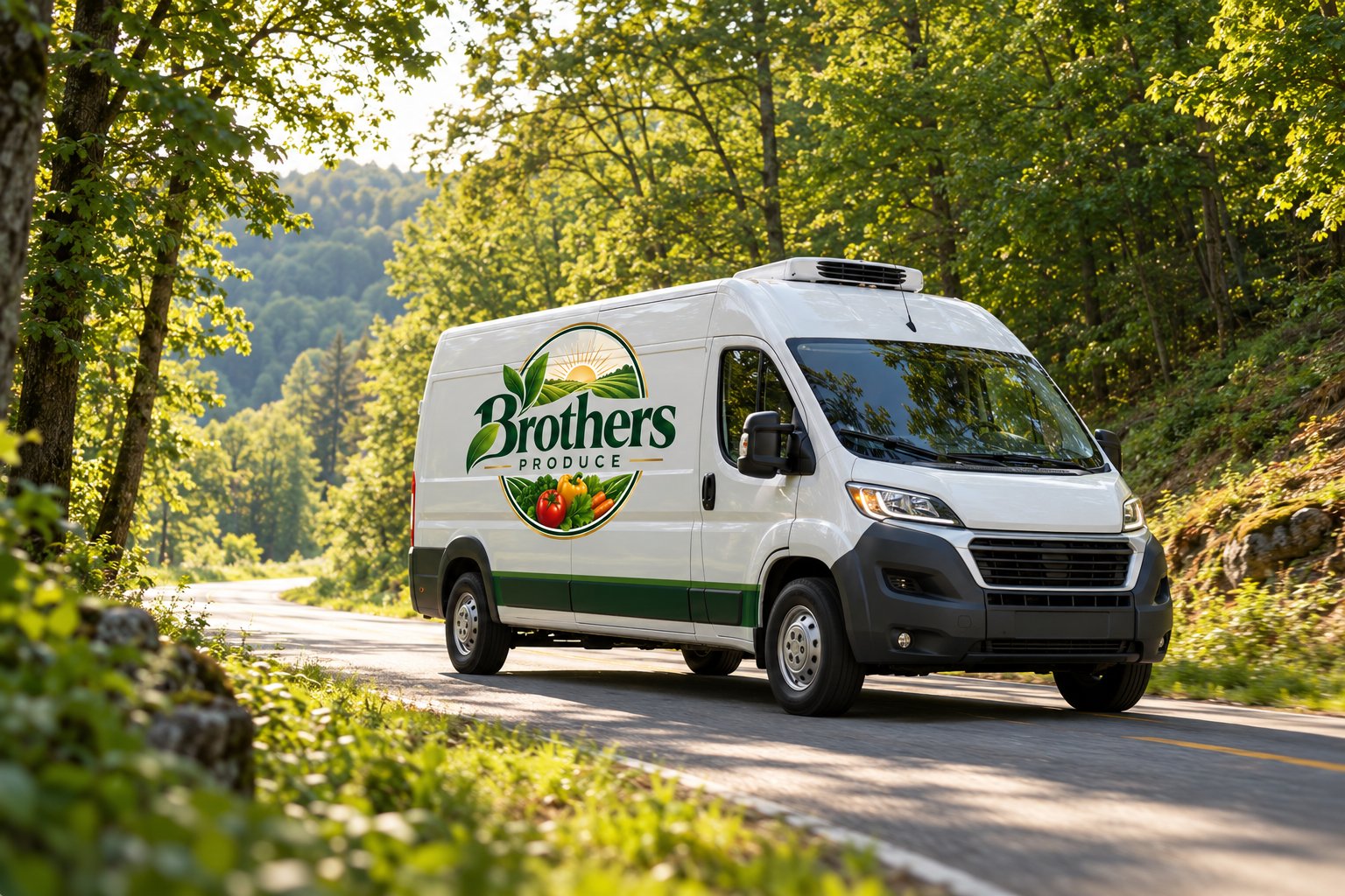 Brothers Produce branded delivery van on a tree-lined road