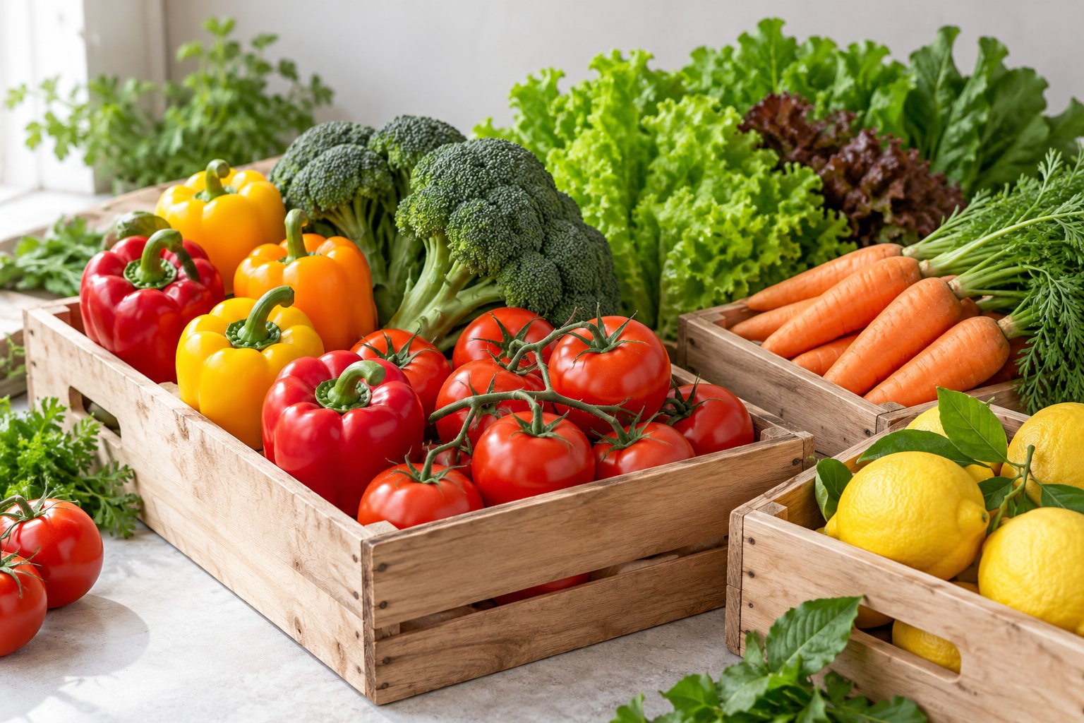 Fresh tomatoes, peppers, broccoli, lettuce and lemons in wooden crates